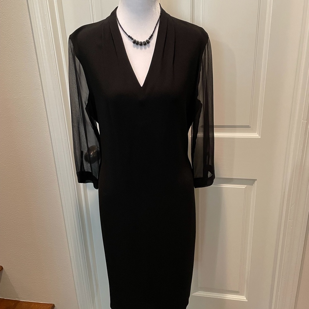 Elie Tahari Elegant Black Dress with Sheer Silk Sleeves